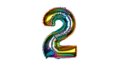 A vibrant, shiny number two balloon. Shiny metallic surface, rainbow gradient, isolated on black
