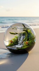 Captivating Miniature Ecosystem Globe on Serene Beach with Vibrant Greenery and Waterfall