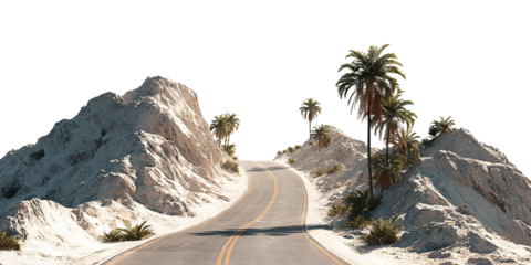 Winding desert road between rocky hills with palm trees, isolated on transparent cutout background