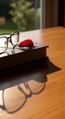 Glasses on Book with Petal Shadow, Morning Light Through Window, Cozy Scene