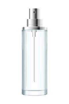 Realistic empty clear glass spray bottle mockup for cosmetic perfume packaging design, clean elegant minimalist style, isolated on transparent background