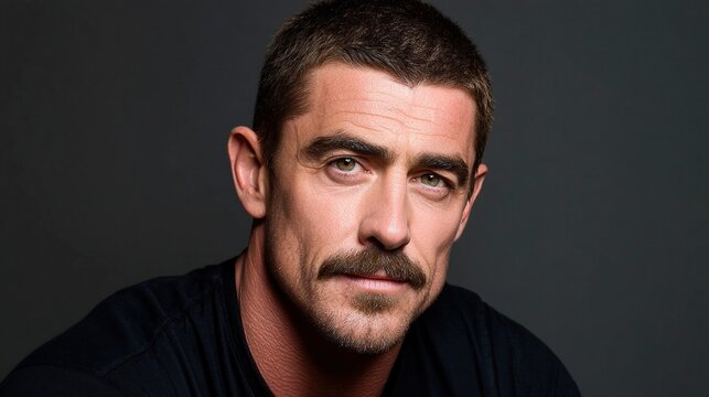 Handsome smiling 45-year-old male actor with black hair and mustache wearing dark blue t-shirt, facing camera against gray background with soft lighting.