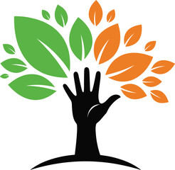 Fototapeta premium Abstract tree logo with human hand trunk and green and orange leaves representing community growth environmental protection and corporate social responsibility.
