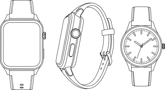 Minimalist line art vector illustration of modern smartwatch and classic analog wristwatch set showing different angles for technology fashion and wearable device design.