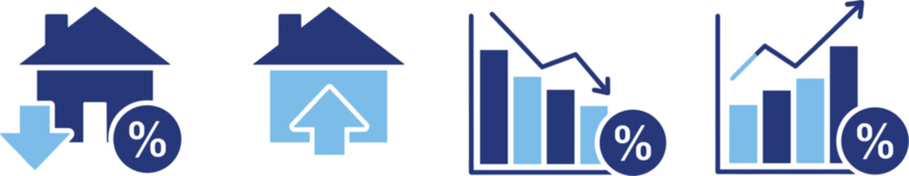 Real estate mortgage interest rates vector icon set showing house market fluctuations with rising and falling percentage arrows and financial bar charts.