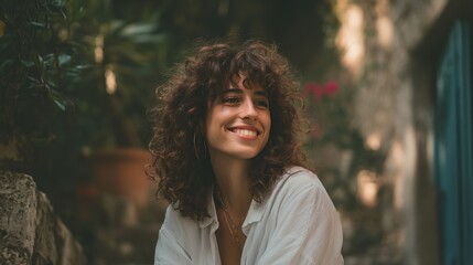 Soft-smiling curly-haired brunette woman with bangs wearing grey shirt, posing for close-up headshot with warm and approachable vibe.