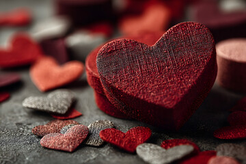 Happy Valentine's Day. Heart shaped gift box and paper hearts on red background, flat lay