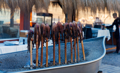 Traditional grilled calamari on sticks on the Mediterranean coast of Andalusia