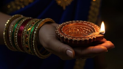 Woman hand holding a traditional clay diya lamp with flame. Diwali and festive celebration concept for hindu holiday. Cultural Indian tradition.