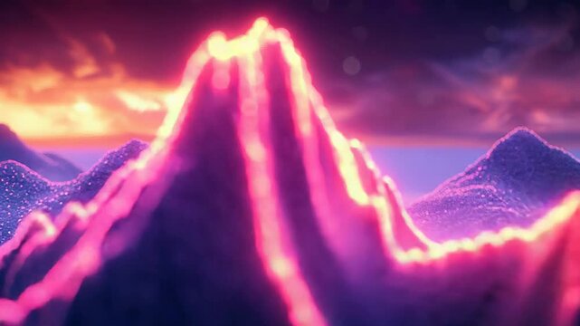 Futuristic digital landscape of glowing purple and pink mountain ranges as neon data streams and particle networks trace a dreamlike cyber sky at sunset, ideal for tech visuals