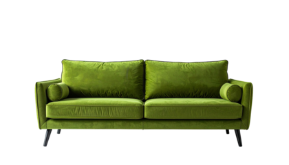 A vibrant, two-seater sofa with an olive-green velvet finish, set against a stark black backdrop