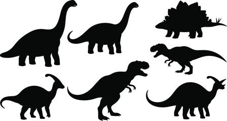 Black dinosaur silhouettes set isolated on white background, prehistoric animals collection including tyrannosaurus, triceratops, stegosaurus, sauropod vector illustration © Sree