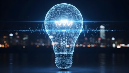Digital light bulb made of glowing particles symbolizing big idea, innovation, and technology over dark city background