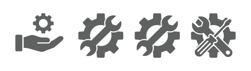 Crossed wrench and screwdriver with gear tools repair. Editable stroke vector illustration for web, app UI, user interface, tools, technology, engineering.