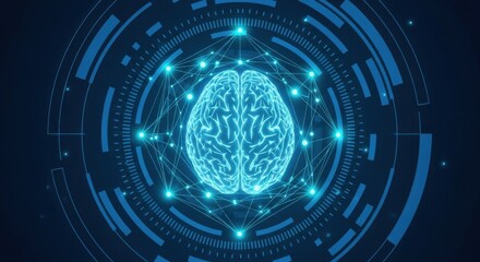 Obraz premium A blue brain with glowing lines on a dark background with a circle