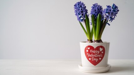 Valentine's day flower pot with purple hyacinth flowers in a white ceramic container with a red heart happy with love