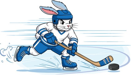 Cartoon rabbit playing ice hockey with blue uniform and stick hockey stick