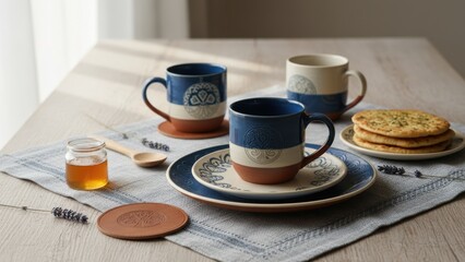 Artisan pottery collection and warm breakfast setup for a cozy morning scene featuring handcrafted