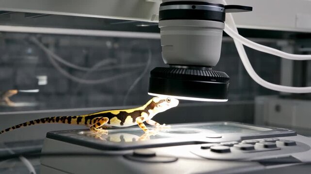 Gecko laboratory microscope biomimicry science research reptile engineering light glass experiment technology bright focus observation biology zoology wildlife animal pattern study innovation