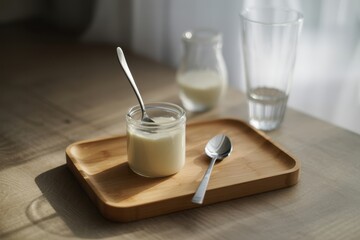 Glass jar with yogurt and spoon placed on a wooden tray on a table, nearby glass and small milk bottle in background, beige and white tones, soft natural daylight, minimal breakfast scene.