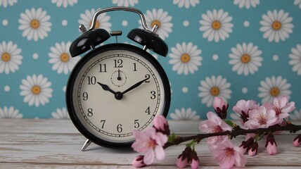 Vintage alarm clock with flowers on a wooden table against a blue floral wallpaper background with white daisies with spring