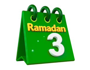 3D green desk calendar icon showing Day 3 of Ramadan with yellow text and a large white number for Islamic religious event scheduling vector