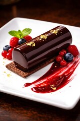Elegant glossy chocolate entremet dessert log adorned with gold flakes served beautifully with fresh berries and sauce