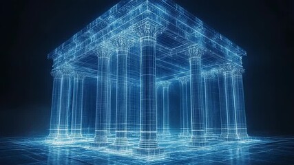 Digital wireframe of a classical temple with columns and ornate details, blending ancient architecture and modern data visualization in a futuristic virtual space - Powered by Adobe