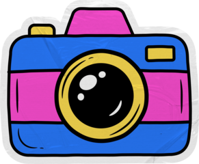 Cute hand drawn camera sticker illustration in doodle style, perfect for creative content, blogging, photography themes, and digital decoration.