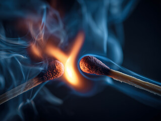 burning matchsticks macro close up, fire and smoke match heads, ignition moment with blue smoke

