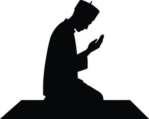 Silhouette of kneeling person in prayer with raised hands on mat for Islamic spiritual and devotional design