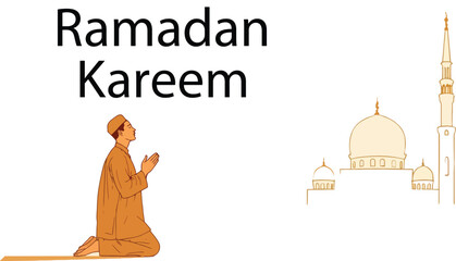 Praying man in traditional attire with mosque silhouette and Ramadan Kareem text for Islamic spiritual celebration