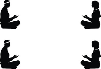 Silhouettes of seated individuals in meditative posture facing each other for spiritual, peaceful, and cultural design
