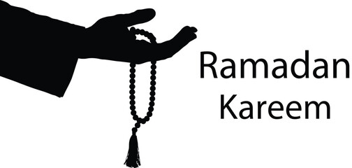 Silhouette of hand holding prayer beads with Ramadan Kareem text for Islamic spiritual and festive design