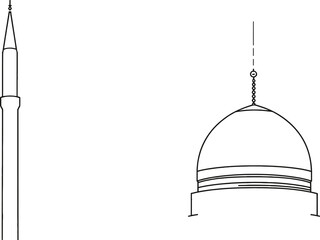 Minimal mosque architecture line drawing with dome and minaret in Islamic style for cultural and religious design