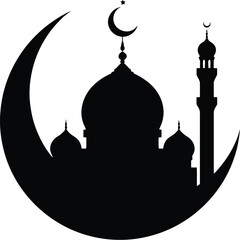 Mosque silhouette with domes and minaret enclosed in crescent moon and star for Islamic spiritual design