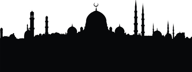 Islamic cityscape silhouette with domes, minarets, and crescent moon for cultural, religious, and heritage design