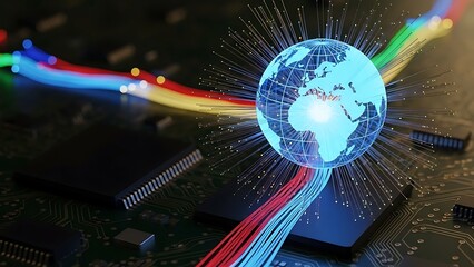 Digital illustration of a globe with vibrant, multicolored lines radiating from it, symbolizing global connectivity, on a circuit board background with a dark and technological mood.