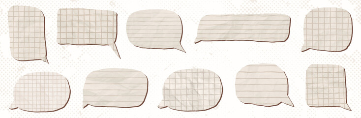 Crumpled paper vector halftone speech bubbles with natural beige color with lines and grid pattern, graphic design collage elements for posters and backgrounds