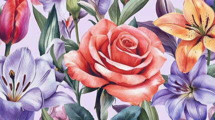 Watercolor floral bouquet with roses, lilies and tulips in pastel colors