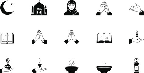 Minimalist religious and spiritual icon set including prayer hands, mosque, crescent moon, lantern, book, flame, bowl