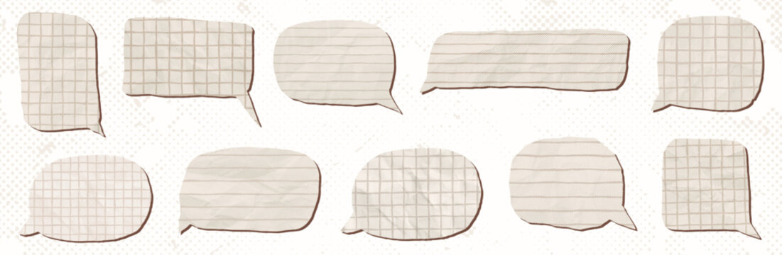 Crumpled paper vector halftone speech bubbles with natural beige color with lines and grid pattern, graphic design collage elements for posters and backgrounds