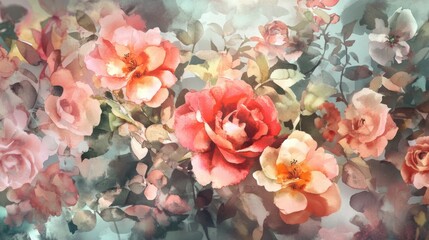 Floral watercolor painting with pink roses, leaves and soft, blended colors
