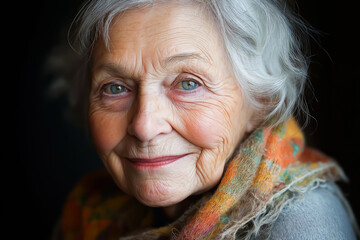 A close-up portrait of an elderly woman with expressive eyes and a gentle smile.