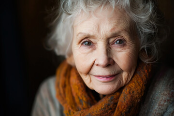 A close-up portrait of an elderly woman with expressive eyes and a gentle smile.