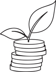 A clean line art vector featuring a small plant with two leaves growing directly from a stack of coins, symbolizing financial growth, long-term investment, and sustainable wealth.