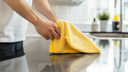 A close-up of hands wiping a kitchen counter with a yellow cloth.