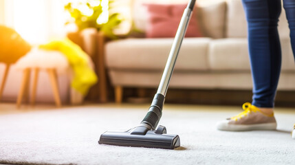 A person vacuuming a carpet in a warmly lit living room.