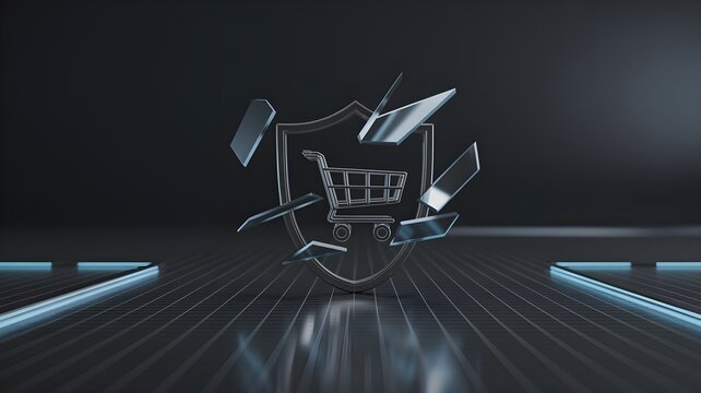 Broken shopping cart and scattered credit card fragments symbolizing e-commerce fraud and payment data breach.