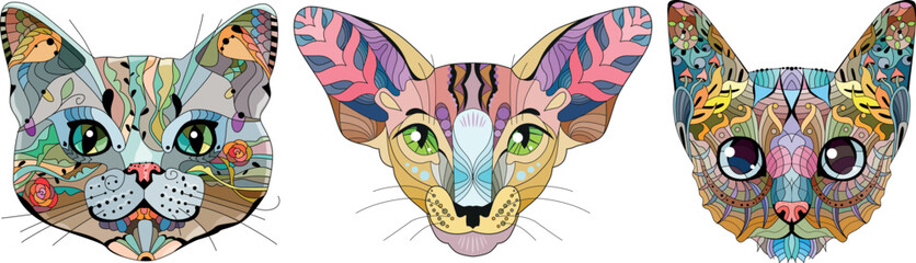 Set of stylized cat heads. Hand Drawn lace vector illustration